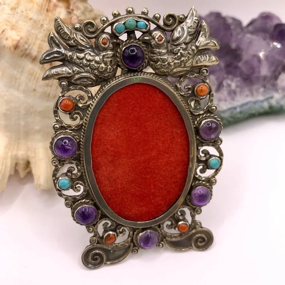 Vintage Mexican Sterling Silver Jeweled Picture Frame Taxco Matl Style J861